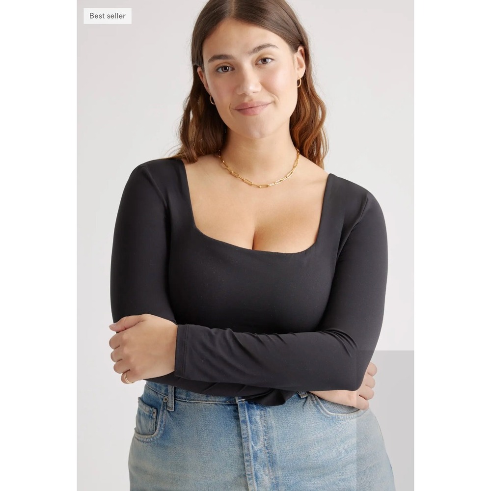 Quince Square Neck Long Sleeve Bodysuit‎ Black NWT Medium